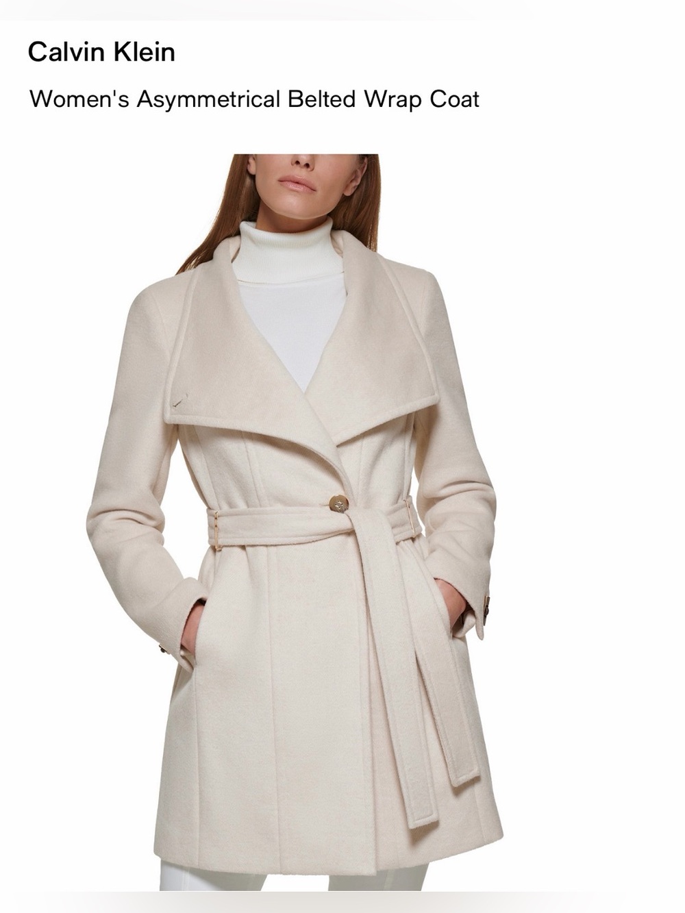 Calvin Klein Cream Asymmetrical Belted Wrap Trench Coat